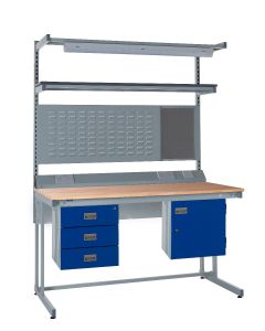 Kit F: Cantilever Workbench - Beech Top 840.1200.750 - Storage Cupboard, Triple Drawer Unit, 1180mm Rear Support Posts, Service Duct Worktop Fitting, Light & Tool Rail Support, 3 Setting LED Light 40 Watt, Louvre Panel & Laminate Upper Shelf