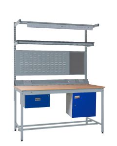 Kit E: Square Tube Workbench - Beech Top 840.1200.750 - Single Drawer, Storage Cupboard, 1180mm Rear Support Posts, Service Duct Worktop Fitting, Light & Tool Rail Support, 3 Setting LED Light 40 Watt, Louvre Panel & Laminate Upper Shelf