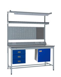 Kit F: Square Tube Workbench - Laminate Top 840.1800.750 - Storage Cupboard, Triple Drawer Unit, 1180mm Rear Support Posts, Service Duct Worktop Fitting, Light & Tool Rail Support, 3 Setting LED Light 40 Watt, Louvre Panel & Laminate Upper Shelf